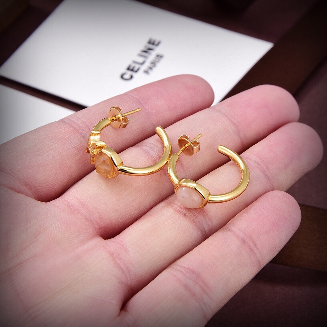 Celine Triomphe Indie Hoops In Brass With Gold Finish,Rutilated Quartz And Pink - DesignerGu