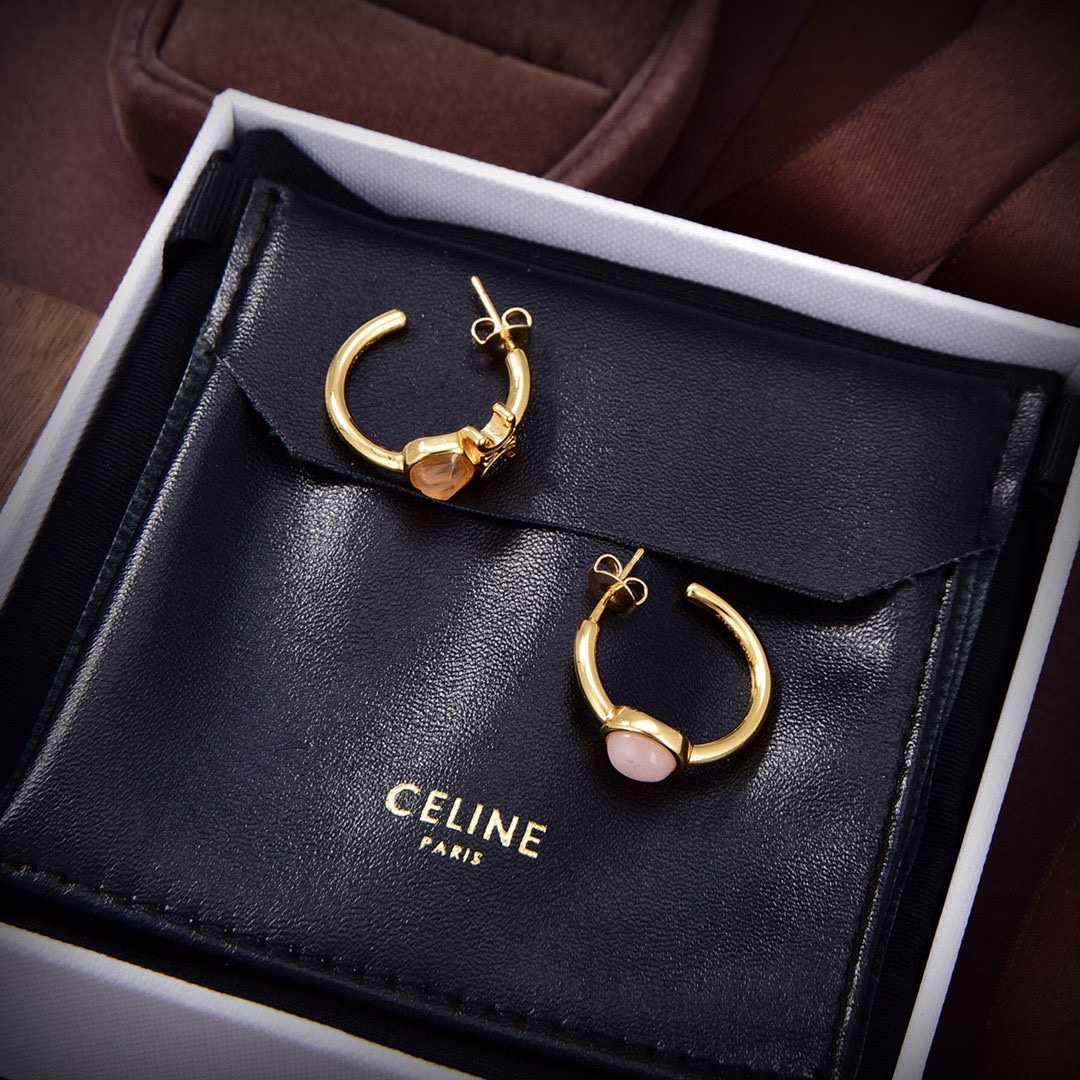 Celine Triomphe Indie Hoops In Brass With Gold Finish,Rutilated Quartz And Pink - DesignerGu