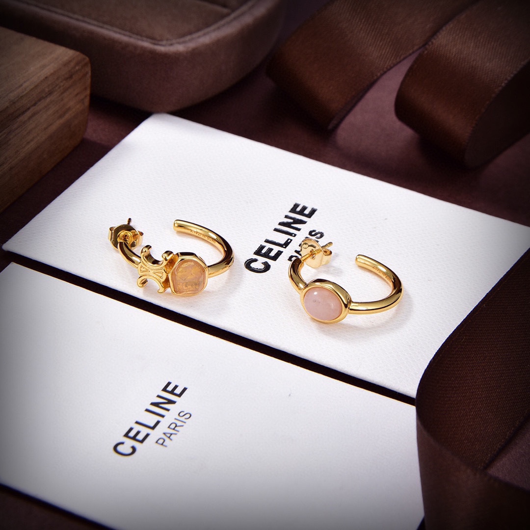 Celine Triomphe Indie Hoops In Brass With Gold Finish,Rutilated Quartz And Pink - DesignerGu