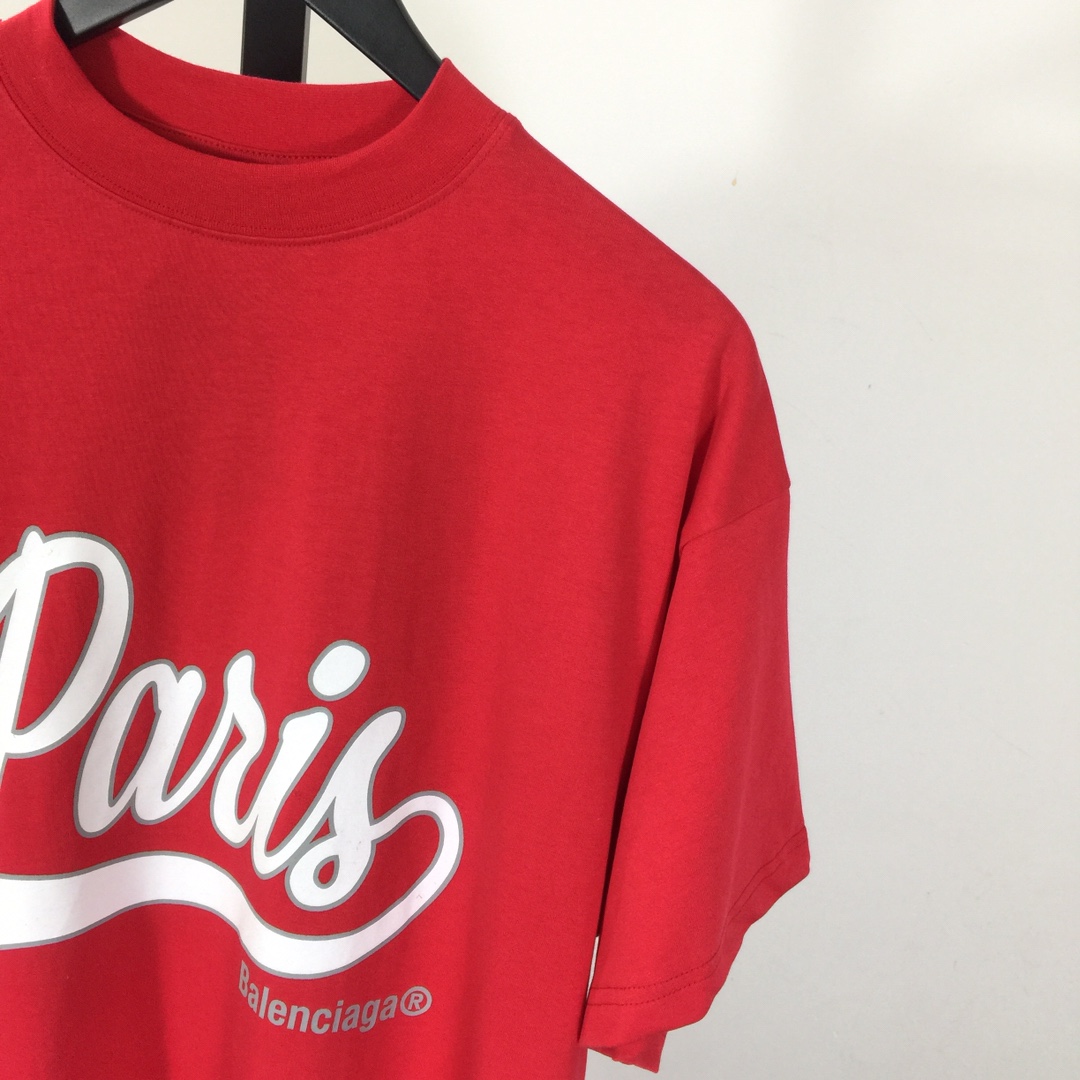 Balenciaga Red White Paris Logo Printed Cotton T-shirt - DesignerGu