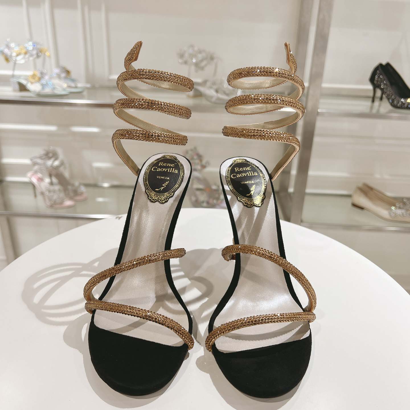 Rene Caovilla Margot Snake Black Jewel Sandal - DesignerGu