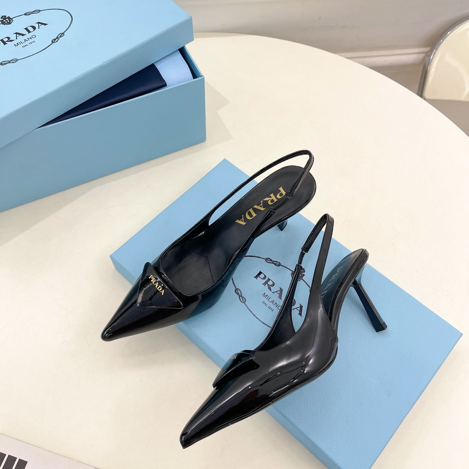 Prada 75m Patent Leather Slingback Pumps - DesignerGu