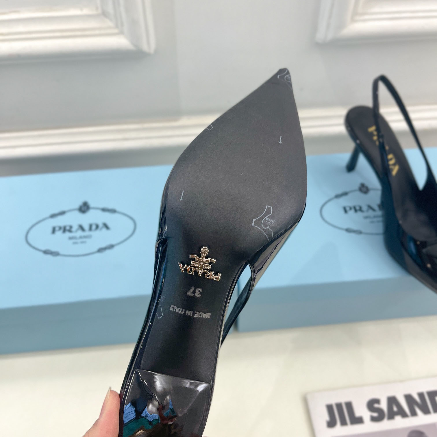 Prada 75m Patent Leather Slingback Pumps - DesignerGu