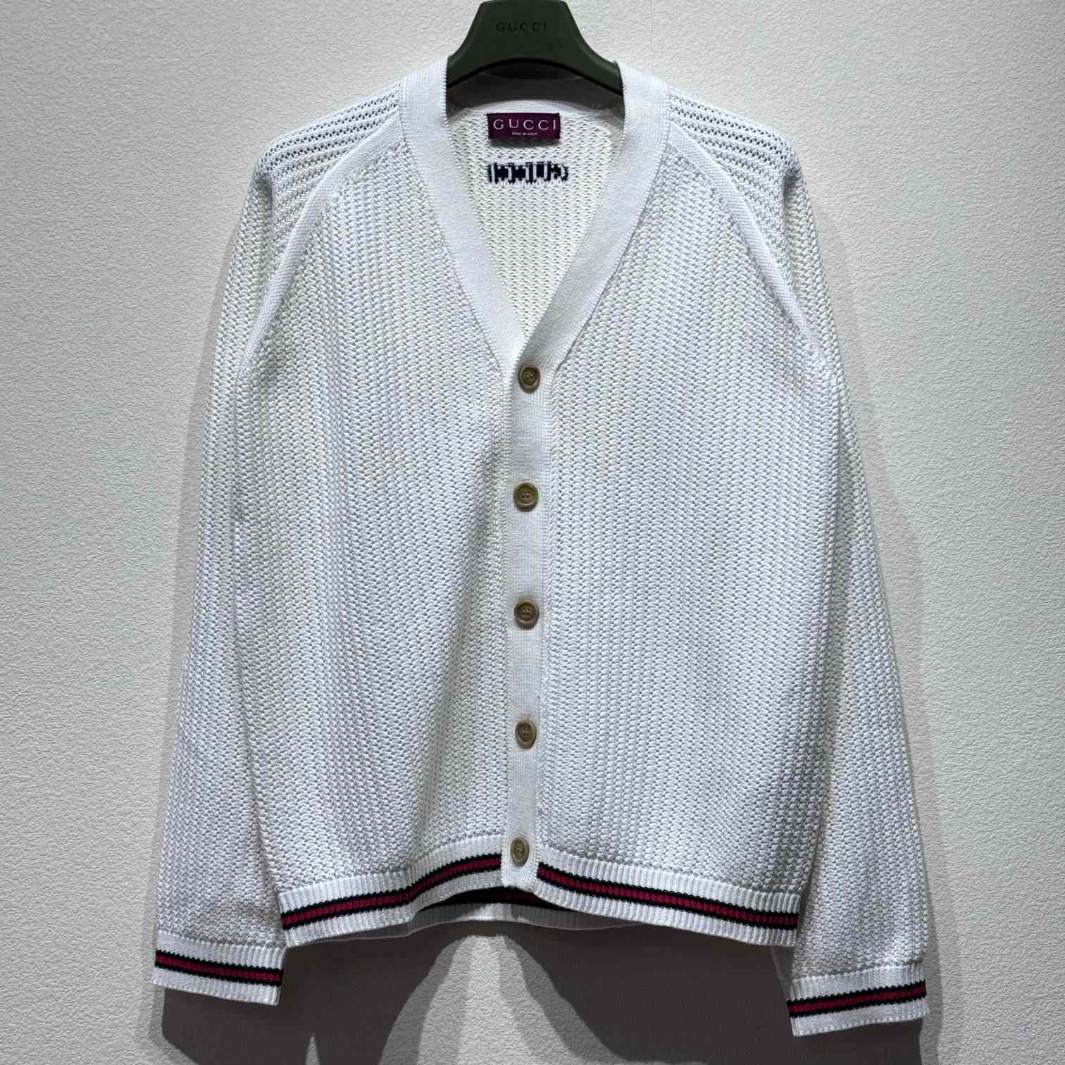 Gucci Ajour Cotton Knit Cardigan With Web - DesignerGu