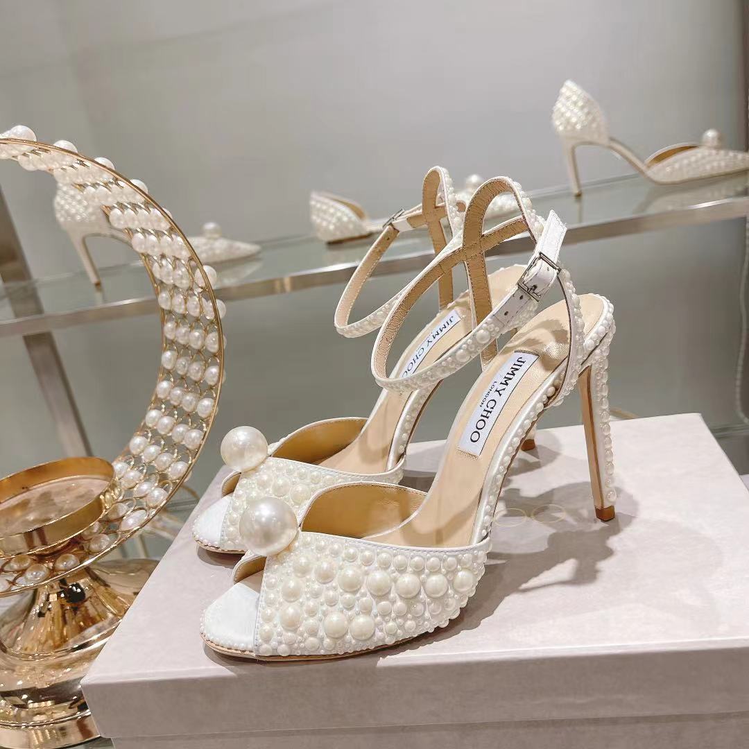 Jimmy Choo White Satin Sandals with All Over Pearls - DesignerGu