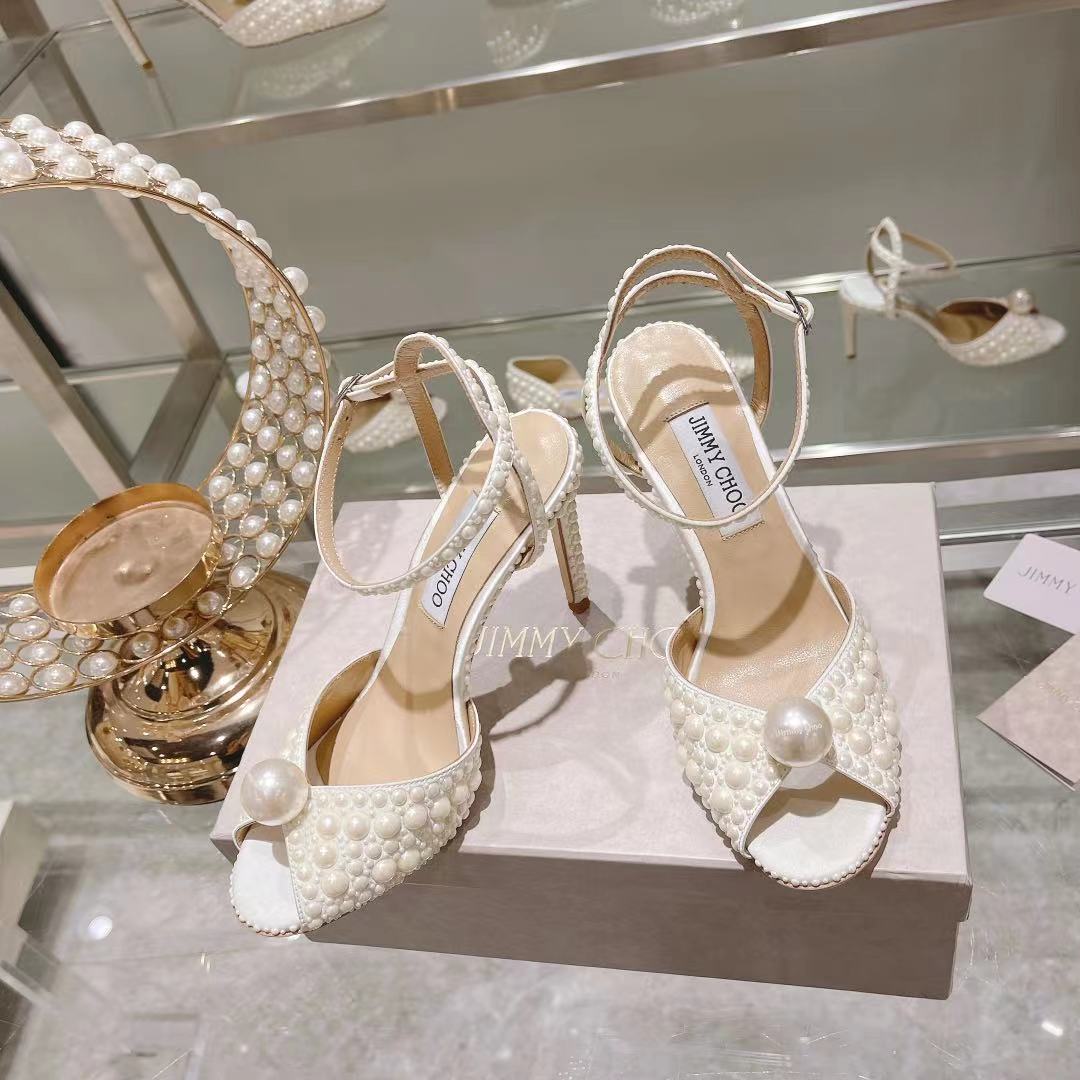 Jimmy Choo White Satin Sandals with All Over Pearls - DesignerGu