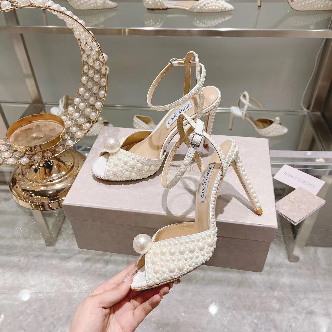 Jimmy Choo White Satin Sandals with All Over Pearls - DesignerGu