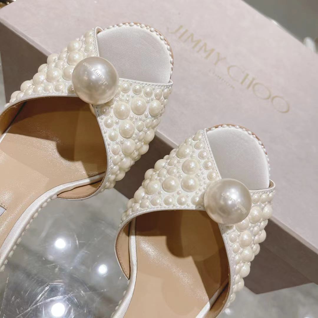 Jimmy Choo White Satin Sandals with All Over Pearls - DesignerGu