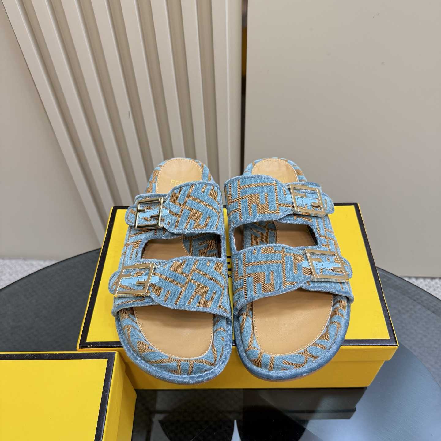 Fendi Feel Light Blue FF Jacquard Velvet Slides - DesignerGu