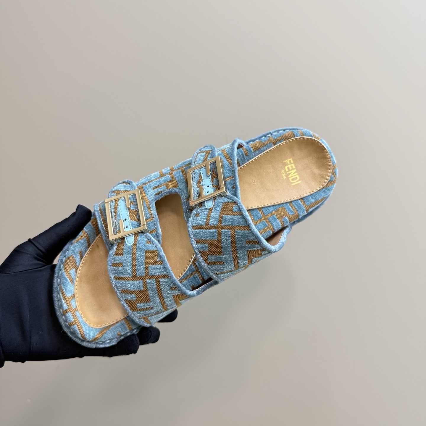 Fendi Feel Light Blue FF Jacquard Velvet Slides - DesignerGu