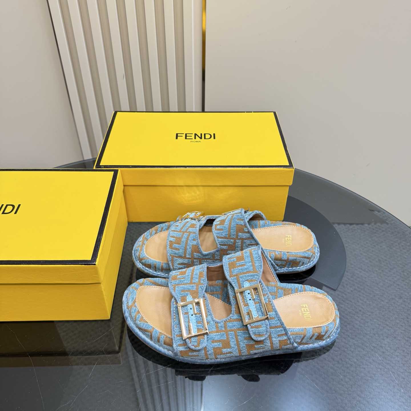 Fendi Feel Light Blue FF Jacquard Velvet Slides - DesignerGu