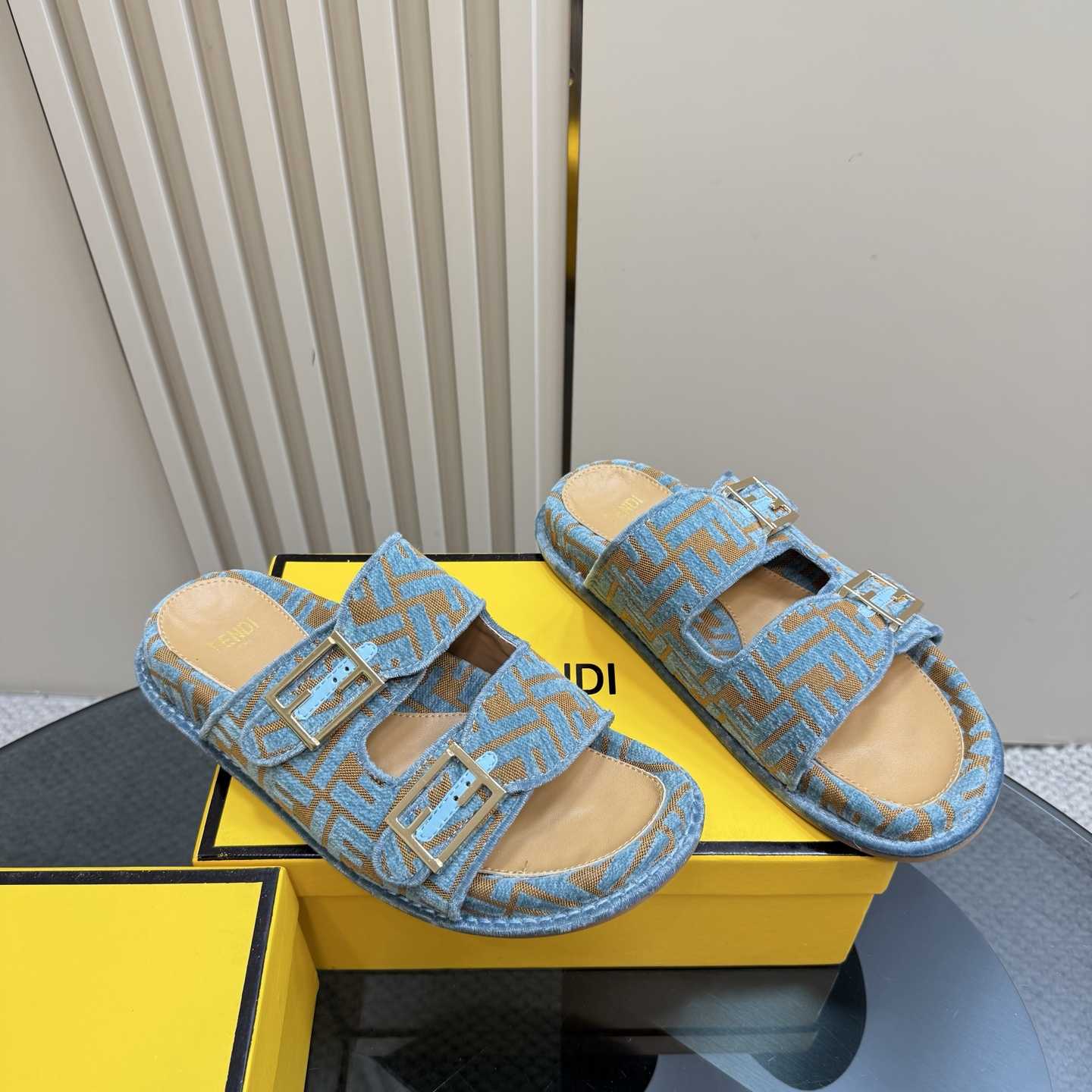 Fendi Feel Light Blue FF Jacquard Velvet Slides - DesignerGu