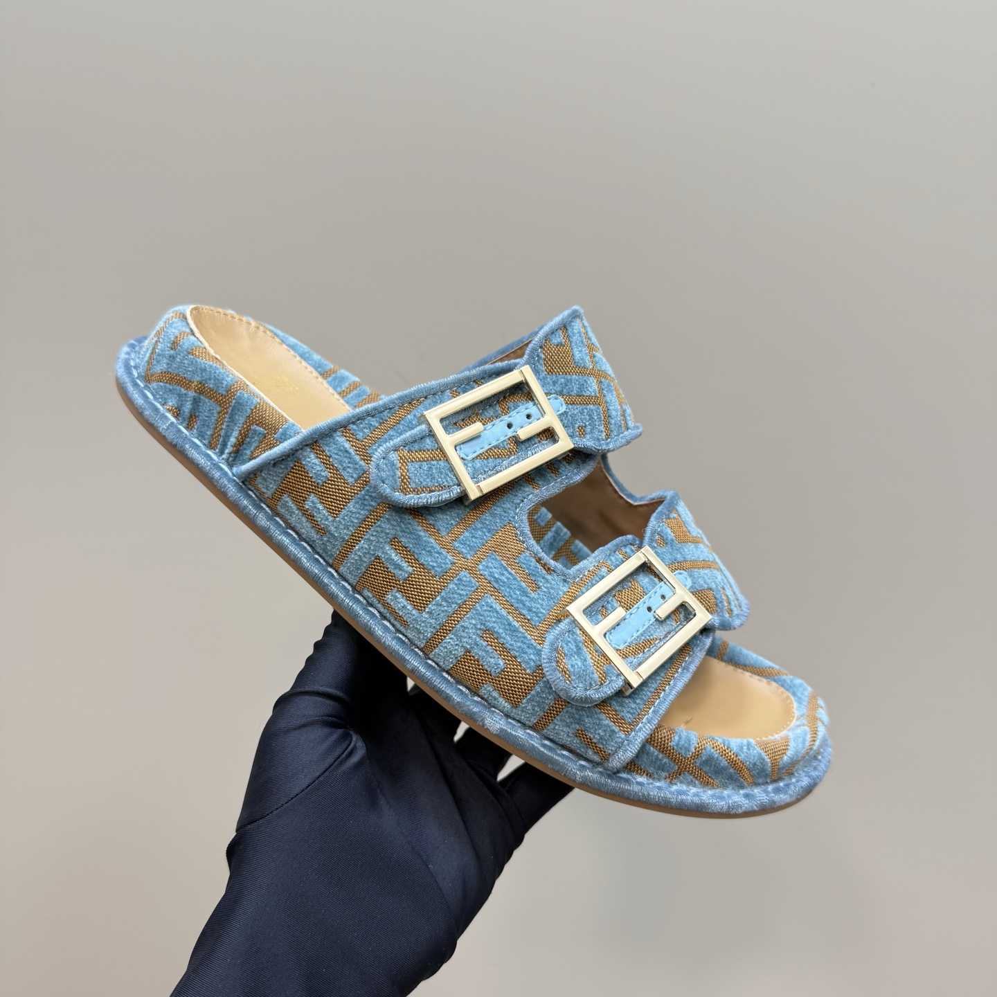 Fendi Feel Light Blue FF Jacquard Velvet Slides - DesignerGu