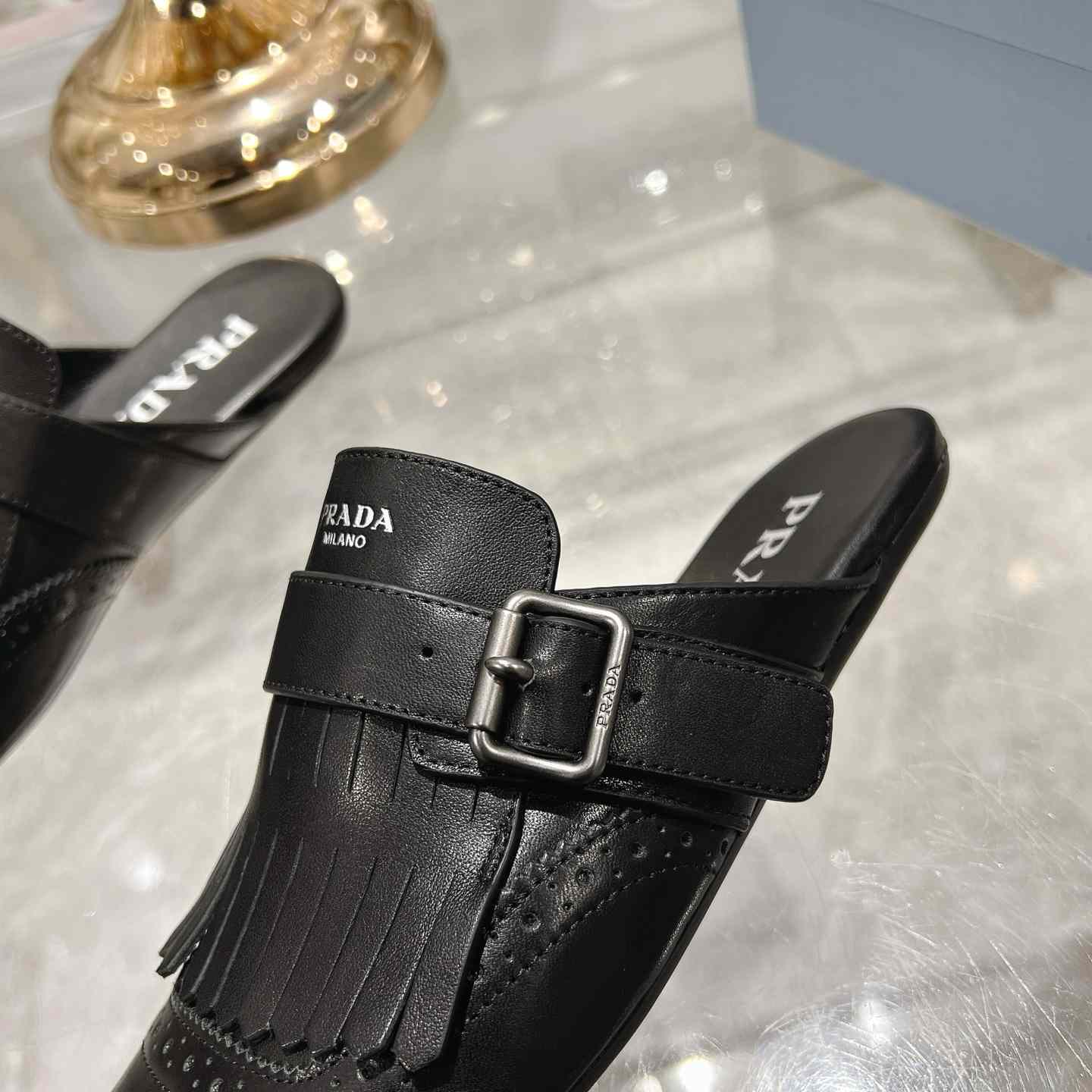 Prada Shuffle Fringed Monk Strap Leather Mules - DesignerGu