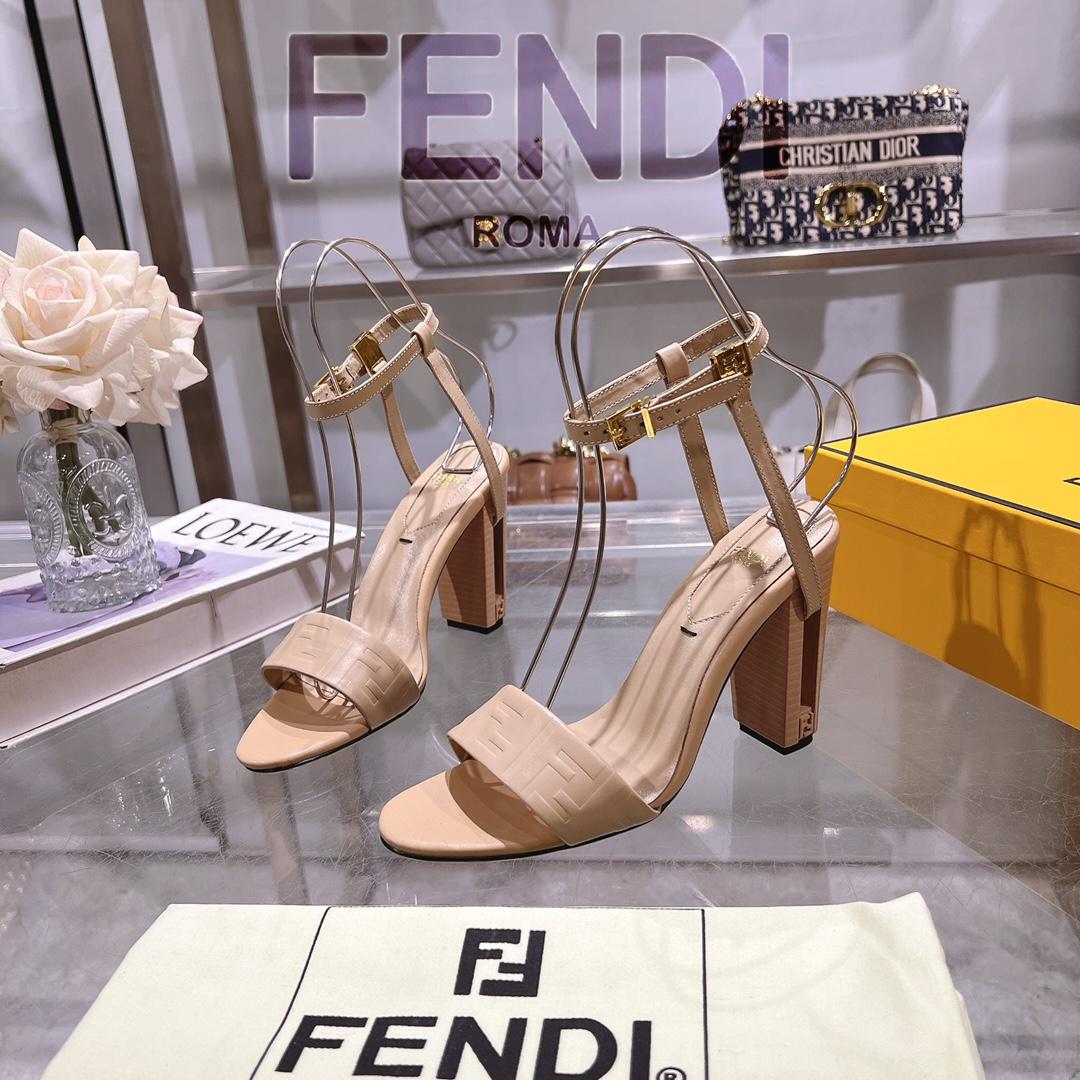 Fendi Delfina Beige FF Nappa Leather High-heeled Sandals - DesignerGu