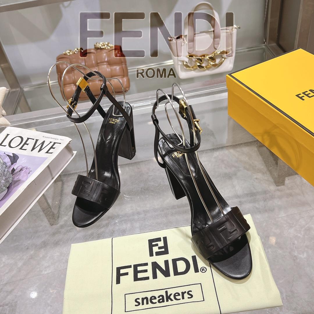 Fendi Delfina Black FF Nappa Leather High-heeled Sandals - DesignerGu