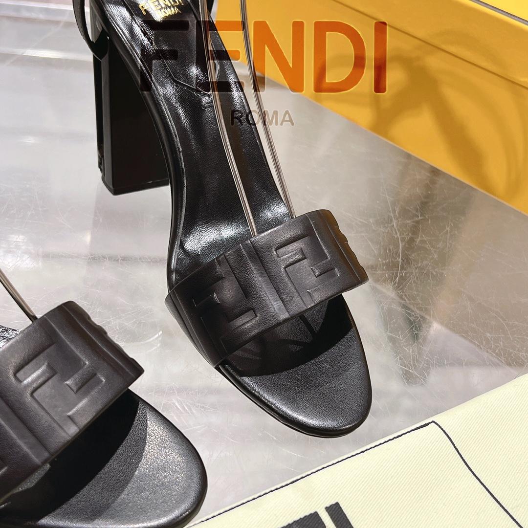 Fendi Delfina Black FF Nappa Leather High-heeled Sandals - DesignerGu