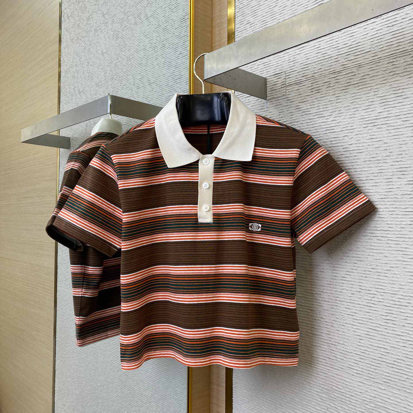 Celine Triomphe Cropped Polo Shirt In Striped Cotton - DesignerGu