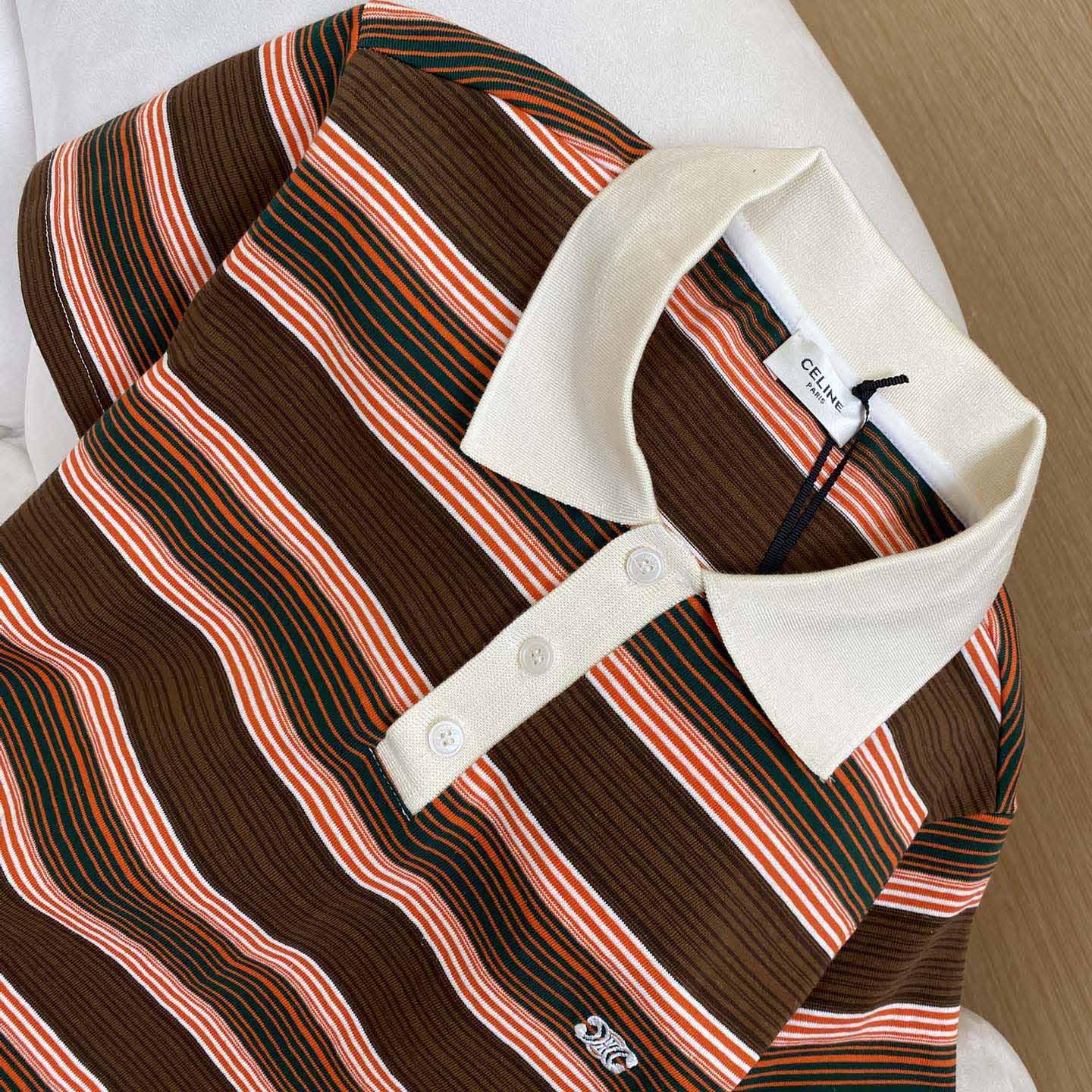 Celine Triomphe Cropped Polo Shirt In Striped Cotton - DesignerGu