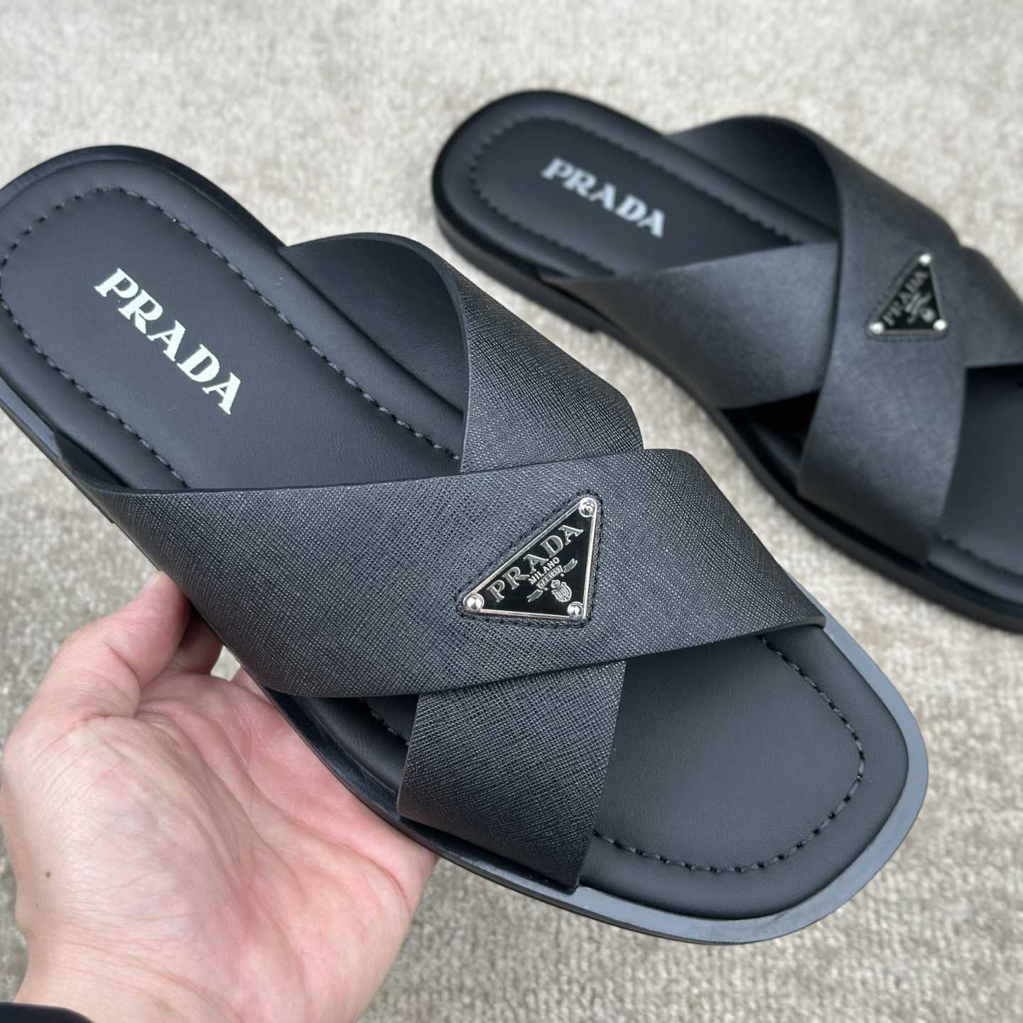 Prada Crisscross Leather Slides - DesignerGu