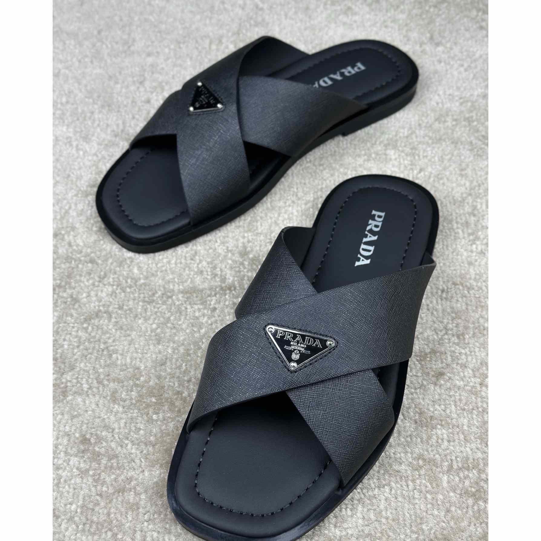 Prada Crisscross Leather Slides - DesignerGu