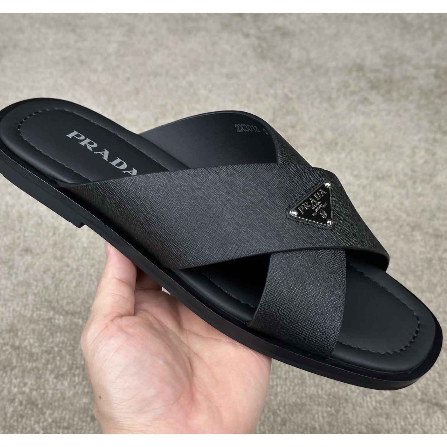 Prada Crisscross Leather Slides - DesignerGu