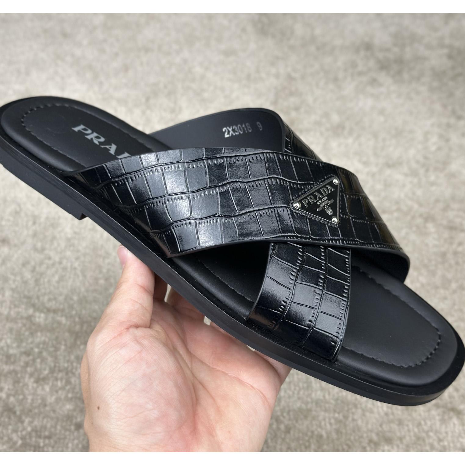 Prada Crisscross Leather Slides - DesignerGu