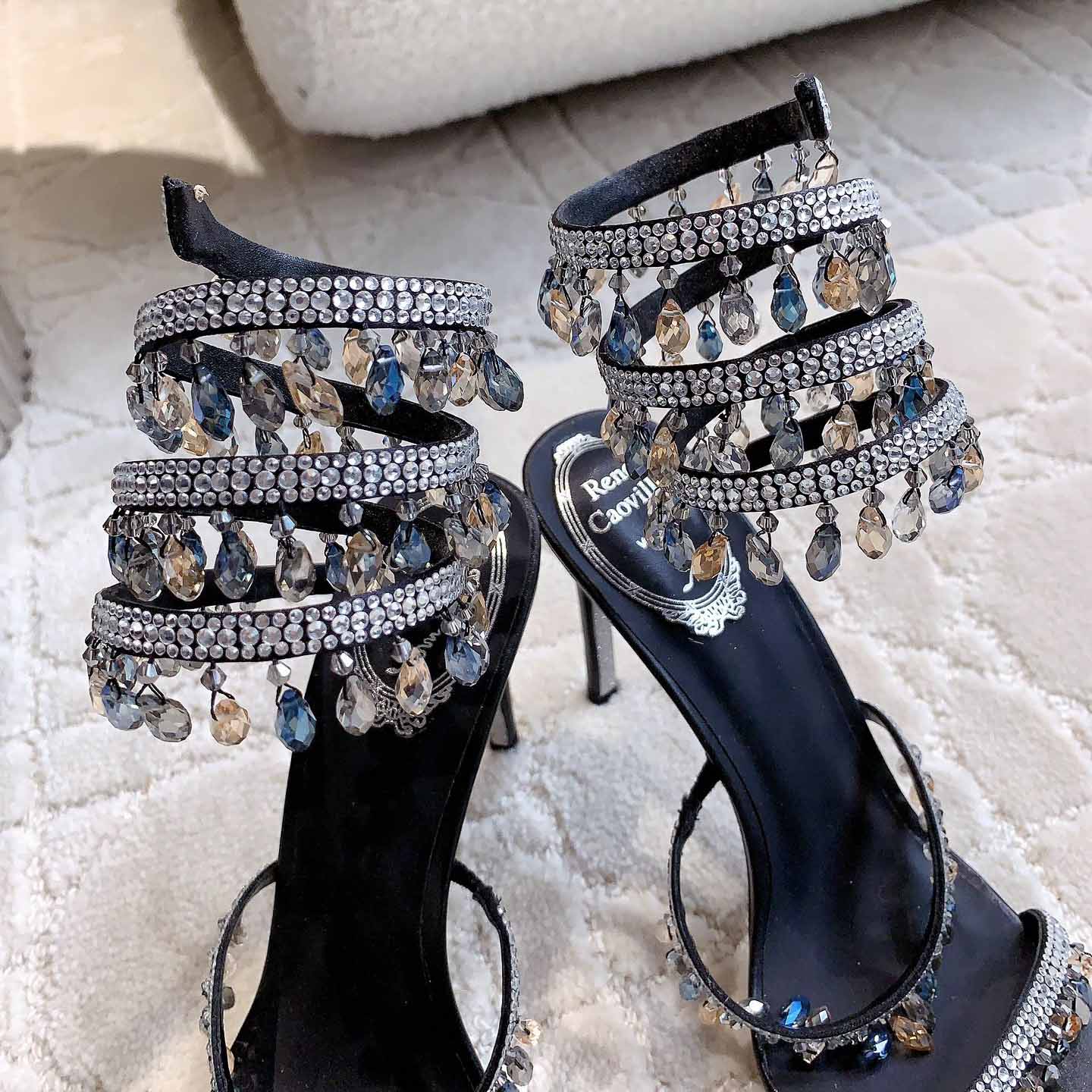 Rene Caovilla Jeweled Chandelier Crystal Teal Sandal  95mm - DesignerGu